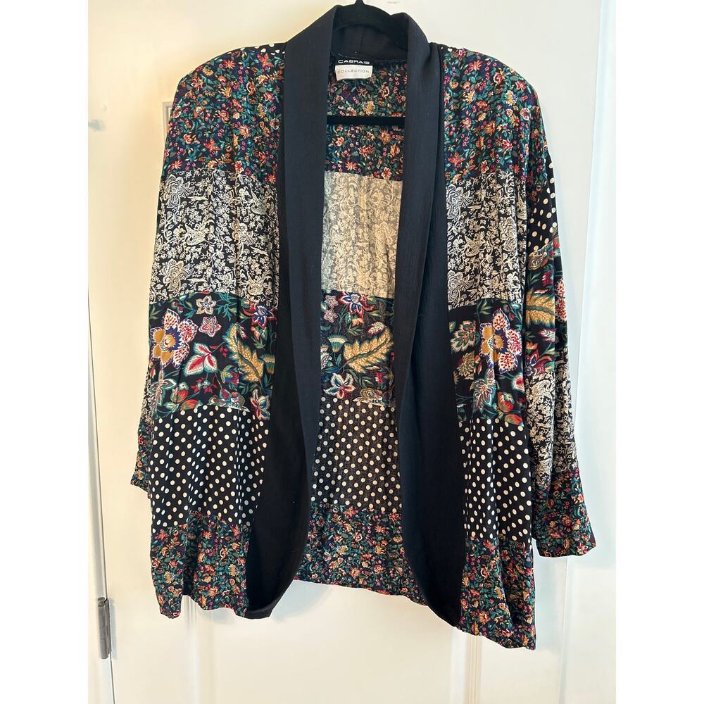 Cabrais Collection Open Front Light Floral Jacket with Polka Dots Size Large